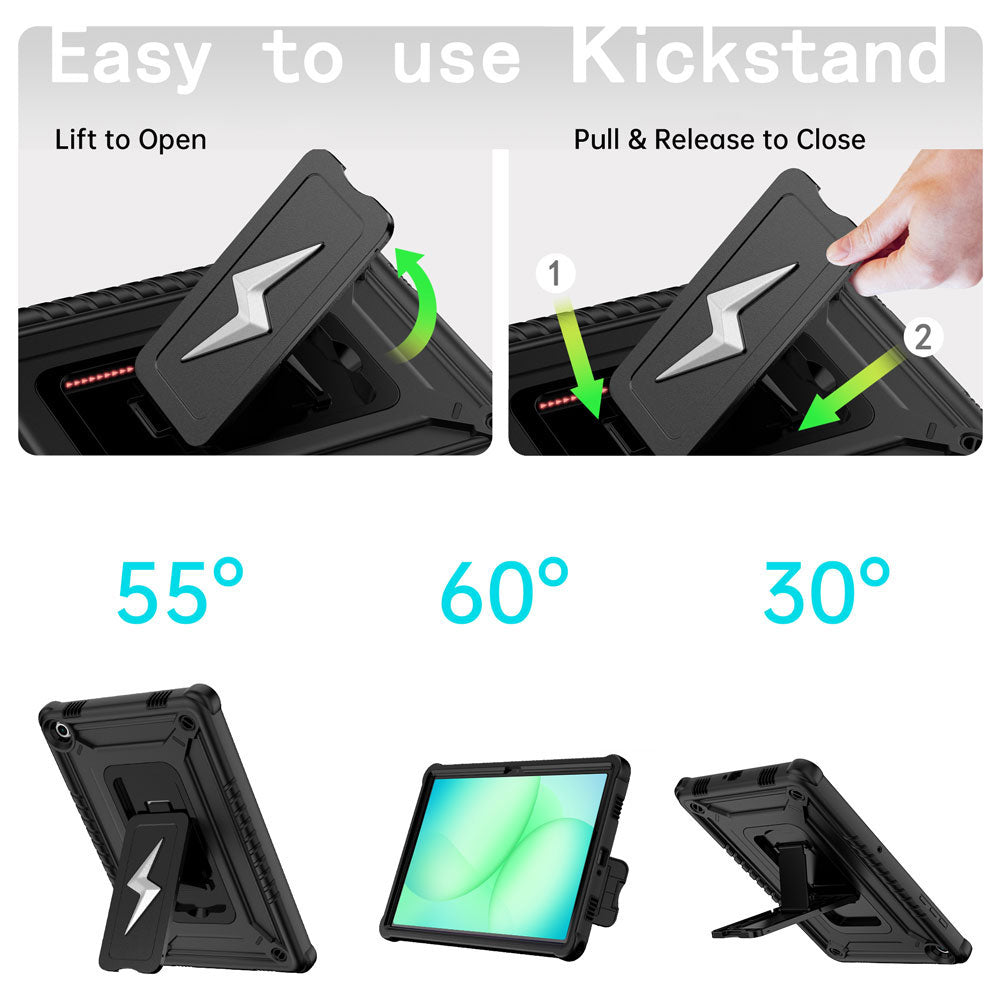 ARMOR-X Samsung Galaxy Tab A11+ A11 Plus ( 11" ) SM-X230 X235 X236 X238 / A9+ A9 Plus ( 11" ) shockproof case. Designed with a sturdy integrated kickstand for effortless hands-free viewing. Supports multiple viewing positions, including 55° portrait mode, 60° landscape mode, and a 30° low-angle position ideal for typing, drawing, or working comfortably.