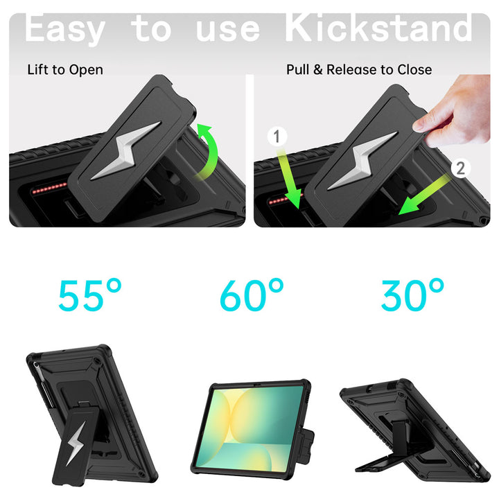 ARMOR-X Samsung Galaxy Tab S10 FE+ S10 FE Plus SM-X620 X626 X628 shockproof case. Designed with a sturdy integrated kickstand for effortless hands-free viewing. Supports multiple viewing positions, including 55° portrait mode, 60° landscape mode, and a 30° low-angle position ideal for typing, drawing, or working comfortably.