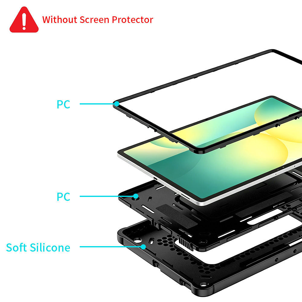 ARMOR-X Samsung Galaxy Tab S10 FE+ S10 FE Plus SM-X620 X626 X628 shockproof case. Built with a multi-layer protective structure for dependable everyday defense. The combination of a hard PC front frame, shock-absorbing sponge layer, rigid PC inner shell, and flexible silicone exterior helps guard your device against drops, bumps, and daily wear.