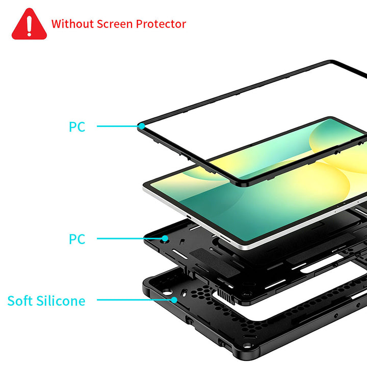 ARMOR-X Samsung Galaxy Tab S10 FE+ S10 FE Plus SM-X620 X626 X628 shockproof case. Built with a multi-layer protective structure for dependable everyday defense. The combination of a hard PC front frame, shock-absorbing sponge layer, rigid PC inner shell, and flexible silicone exterior helps guard your device against drops, bumps, and daily wear.