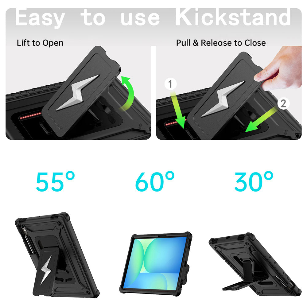 ARMOR-X Samsung Galaxy Tab S10 FE SM-X520 X526 X528 / S10 Lite SM-X400 X406 shockproof case. Designed with a sturdy integrated kickstand for effortless hands-free viewing. Supports multiple viewing positions, including 55° portrait mode, 60° landscape mode, and a 30° low-angle position ideal for typing, drawing, or working comfortably.