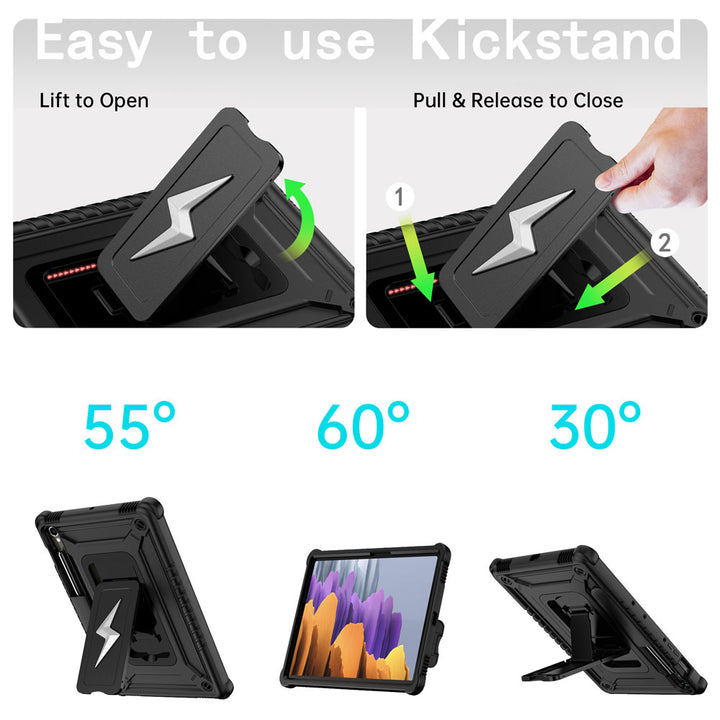 ARMOR-X Samsung Galaxy Tab S7 SM-T870 / SM-T875 / SM-T876B shockproof case. Designed with a sturdy integrated kickstand for effortless hands-free viewing. Supports multiple viewing positions, including 55° portrait mode, 60° landscape mode, and a 30° low-angle position ideal for typing, drawing, or working comfortably.