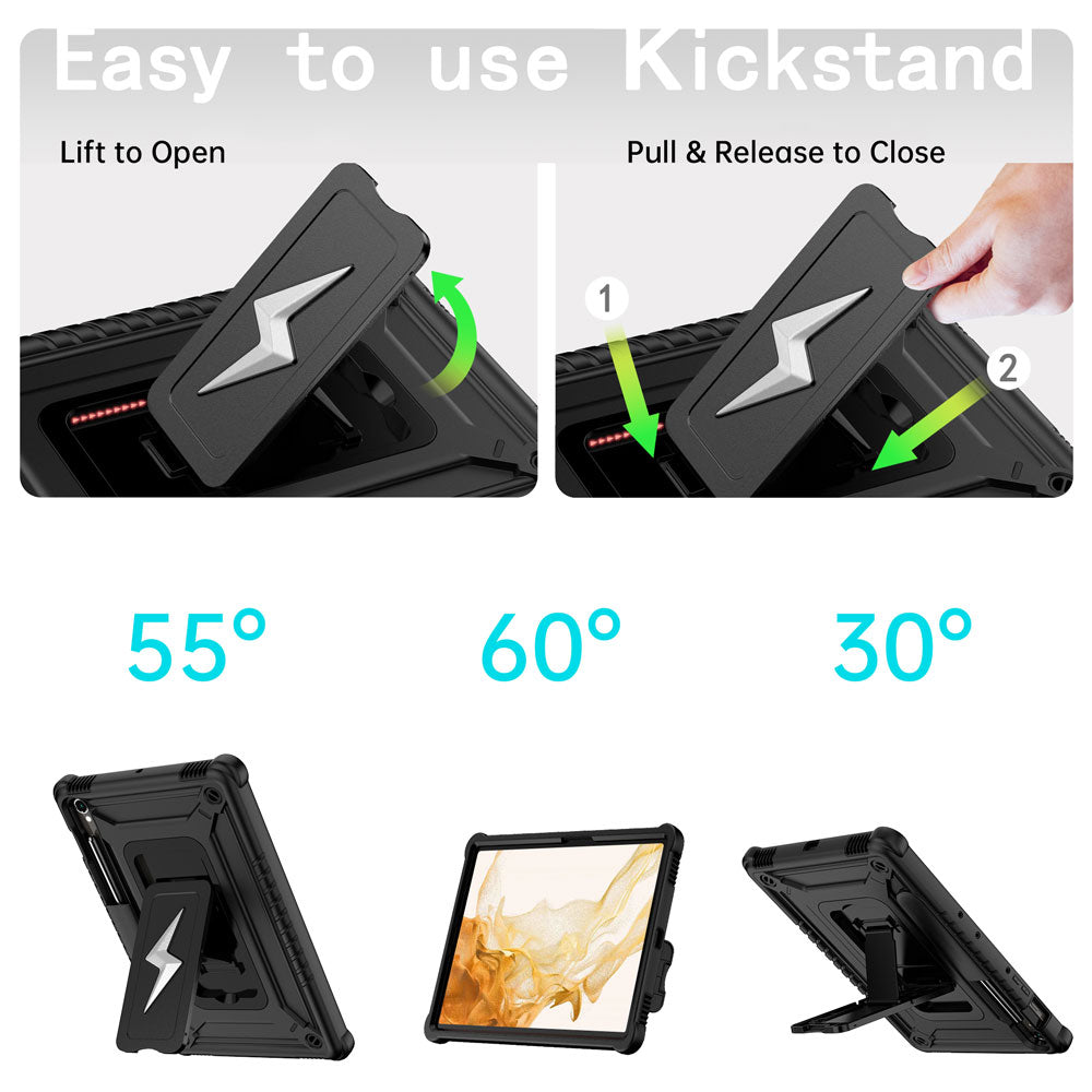 ARMOR-X Samsung Galaxy Tab S8 SM-X700 / SM-X706 shockproof case. Designed with a sturdy integrated kickstand for effortless hands-free viewing. Supports multiple viewing positions, including 55° portrait mode, 60° landscape mode, and a 30° low-angle position ideal for typing, drawing, or working comfortably.
