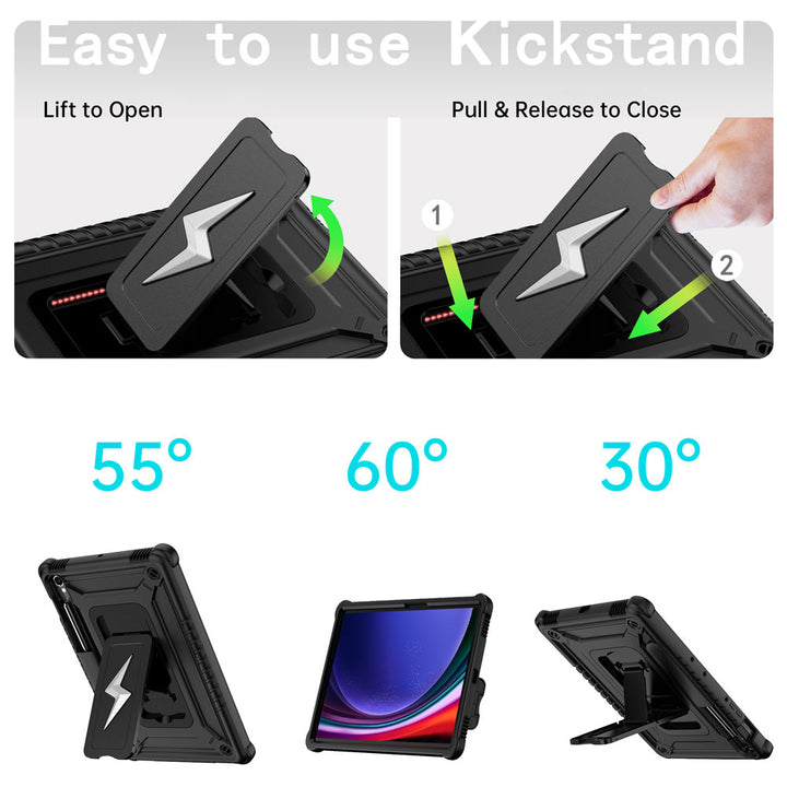 ARMOR-X Samsung Galaxy Tab S9 SM-X710 / X716 / X718 shockproof case. Designed with a sturdy integrated kickstand for effortless hands-free viewing. Supports multiple viewing positions, including 55° portrait mode, 60° landscape mode, and a 30° low-angle position ideal for typing, drawing, or working comfortably.