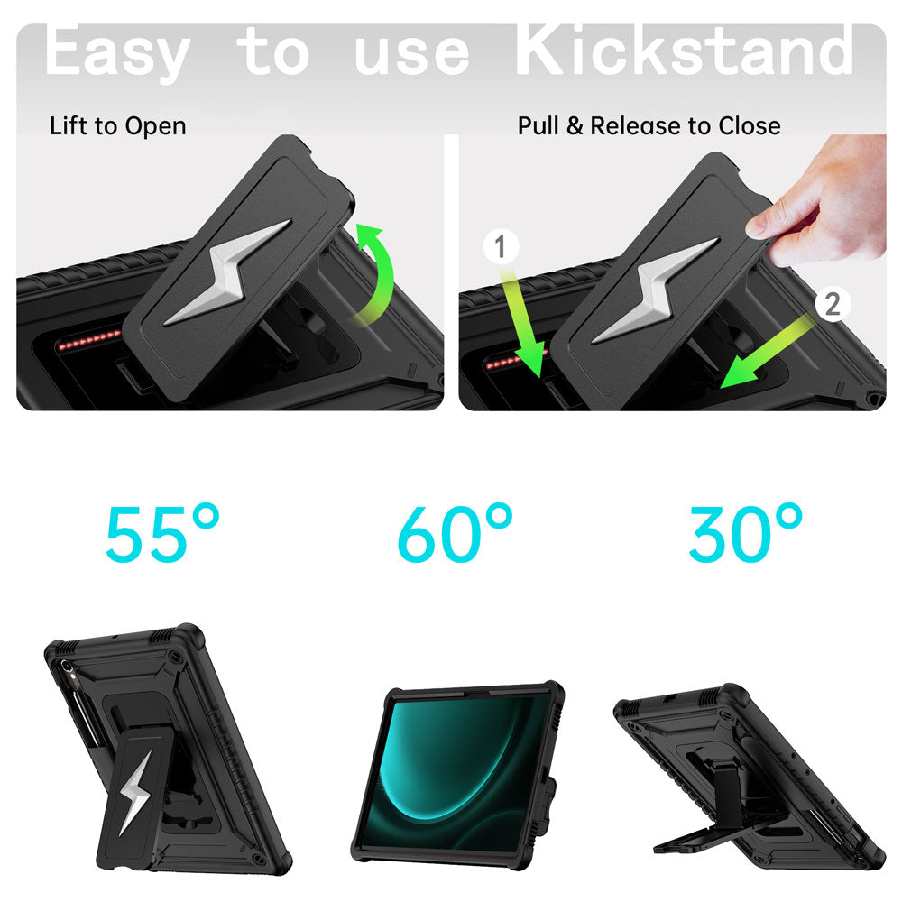 ARMOR-X Samsung Galaxy Tab S9 FE SM-X510 X516 X518 shockproof case. Designed with a sturdy integrated kickstand for effortless hands-free viewing. Supports multiple viewing positions, including 55° portrait mode, 60° landscape mode, and a 30° low-angle position ideal for typing, drawing, or working comfortably.