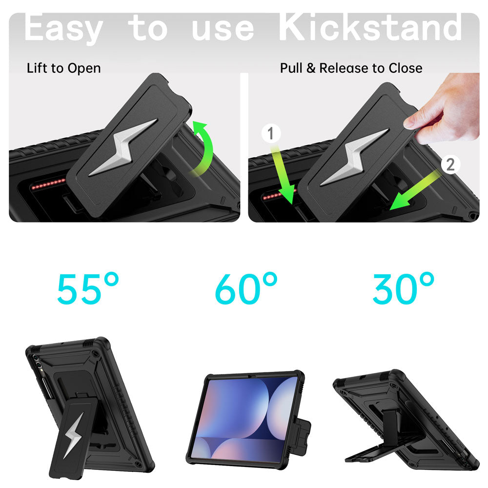 ARMOR-X Samsung Galaxy Tab S10+ S10 Plus SM-X820 / X826 / X828 shockproof case. Designed with a sturdy integrated kickstand for effortless hands-free viewing. Supports multiple viewing positions, including 55° portrait mode, 60° landscape mode, and a 30° low-angle position ideal for typing, drawing, or working comfortably.