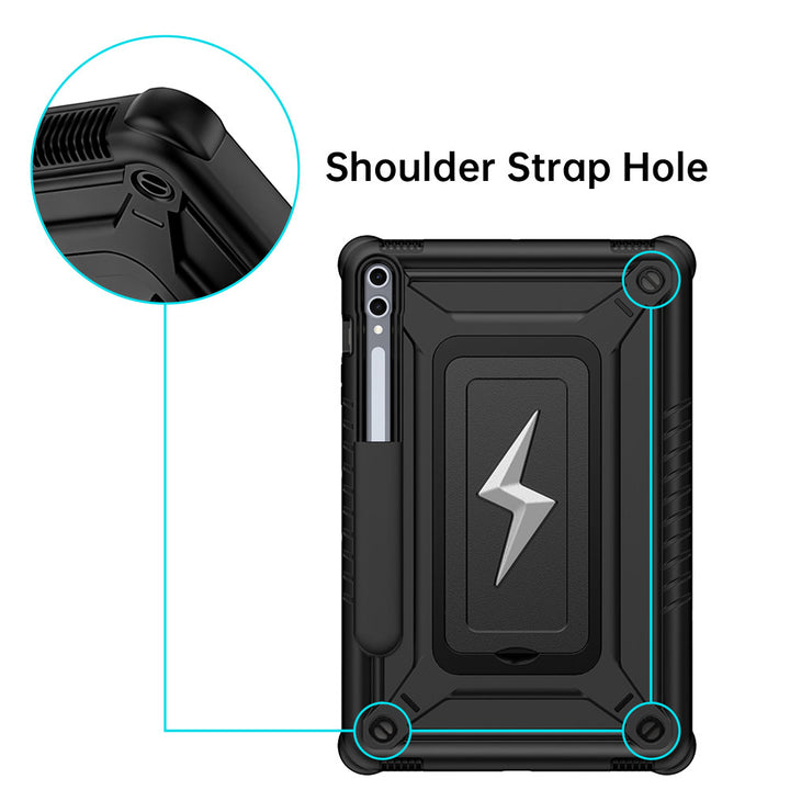 ARMOR-X Samsung Galaxy Tab S10+ S10 Plus SM-X820 / X826 / X828 shockproof case. The reinforced shoulder strap hole design allows convenient attachment of a carrying strap for enhanced portability during travel or outdoor use.