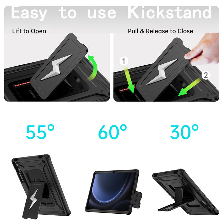 ARMOR-X Samsung Galaxy Tab S9 FE+ S9 FE Plus SM-X610 X616 X618 shockproof case. Designed with a sturdy integrated kickstand for effortless hands-free viewing. Supports multiple viewing positions, including 55° portrait mode, 60° landscape mode, and a 30° low-angle position ideal for typing, drawing, or working comfortably.