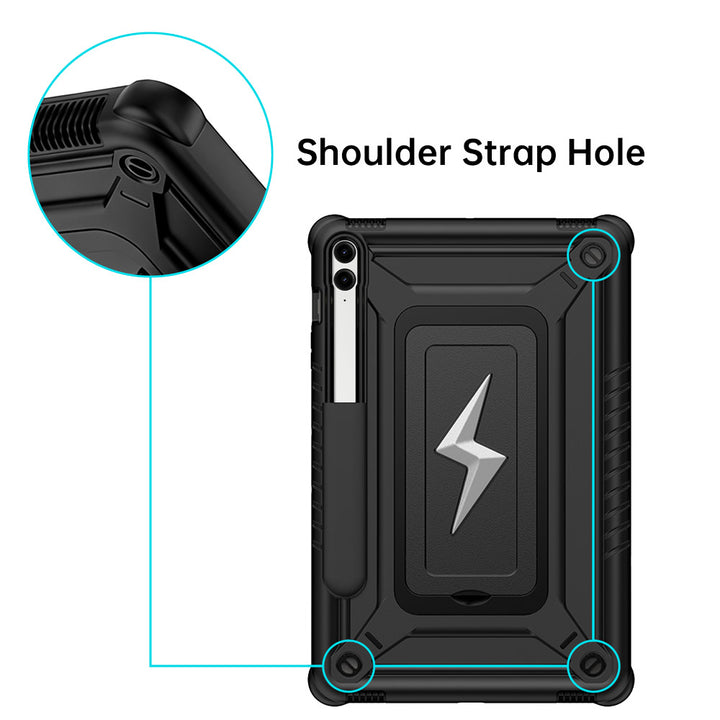 ARMOR-X Samsung Galaxy Tab S9 FE+ S9 FE Plus SM-X610 X616 X618 shockproof case. The reinforced shoulder strap hole design allows convenient attachment of a carrying strap for enhanced portability during travel or outdoor use.