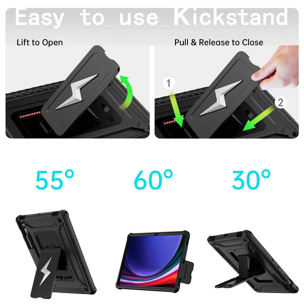 ARMOR-X Samsung Galaxy Tab S9+ S9 Plus SM-X810 / X816 / X818 shockproof case. Designed with a sturdy integrated kickstand for effortless hands-free viewing. Supports multiple viewing positions, including 55° portrait mode, 60° landscape mode, and a 30° low-angle position ideal for typing, drawing, or working comfortably.