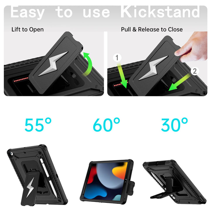 ARMOR-X iPad Air (3rd Gen.) 2019 shockproof case. Designed with a sturdy integrated kickstand for effortless hands-free viewing. Supports multiple viewing positions, including 55° portrait mode, 60° landscape mode, and a 30° low-angle position ideal for typing, drawing, or working comfortably.