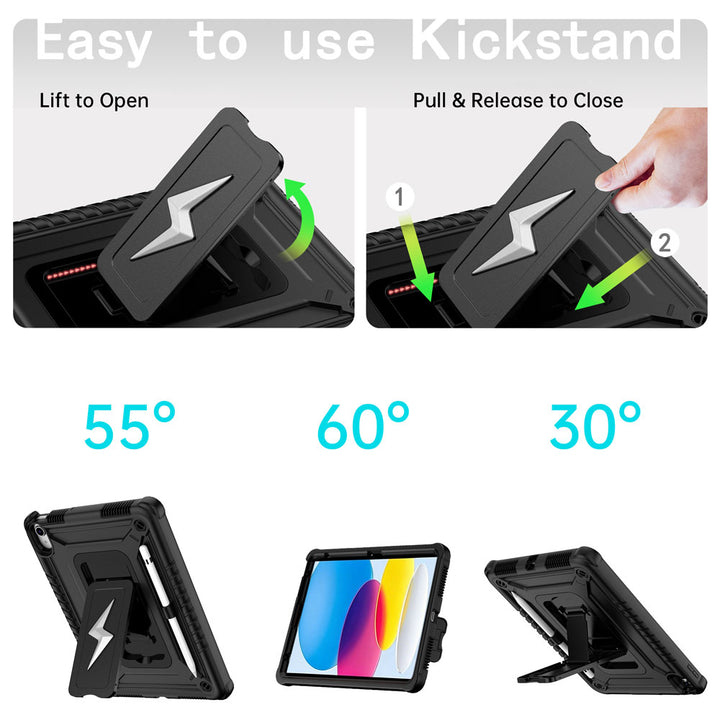 ARMOR-X iPad 10.9 (10th Gen.) shockproof case. Designed with a sturdy integrated kickstand for effortless hands-free viewing. Supports multiple viewing positions, including 55° portrait mode, 60° landscape mode, and a 30° low-angle position ideal for typing, drawing, or working comfortably.