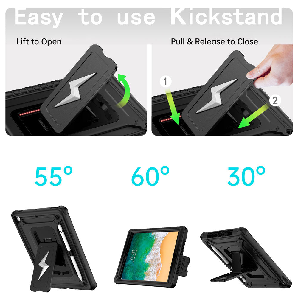 ARMOR-X iPad 9.7 ( 5th / 6th Gen.) 2017 / 2018 shockproof case. Designed with a sturdy integrated kickstand for effortless hands-free viewing. Supports multiple viewing positions, including 55° portrait mode, 60° landscape mode, and a 30° low-angle position ideal for typing, drawing, or working comfortably.