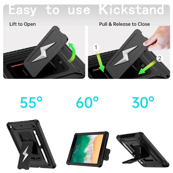 ARMOR-X iPad 9.7 ( 5th / 6th Gen.) 2017 / 2018 shockproof case. Designed with a sturdy integrated kickstand for effortless hands-free viewing. Supports multiple viewing positions, including 55° portrait mode, 60° landscape mode, and a 30° low-angle position ideal for typing, drawing, or working comfortably.