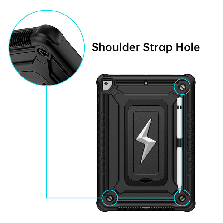 ARMOR-X iPad 9.7 ( 5th / 6th Gen.) 2017 / 2018 shockproof case. The reinforced shoulder strap hole design allows convenient attachment of a carrying strap for enhanced portability during travel or outdoor use.