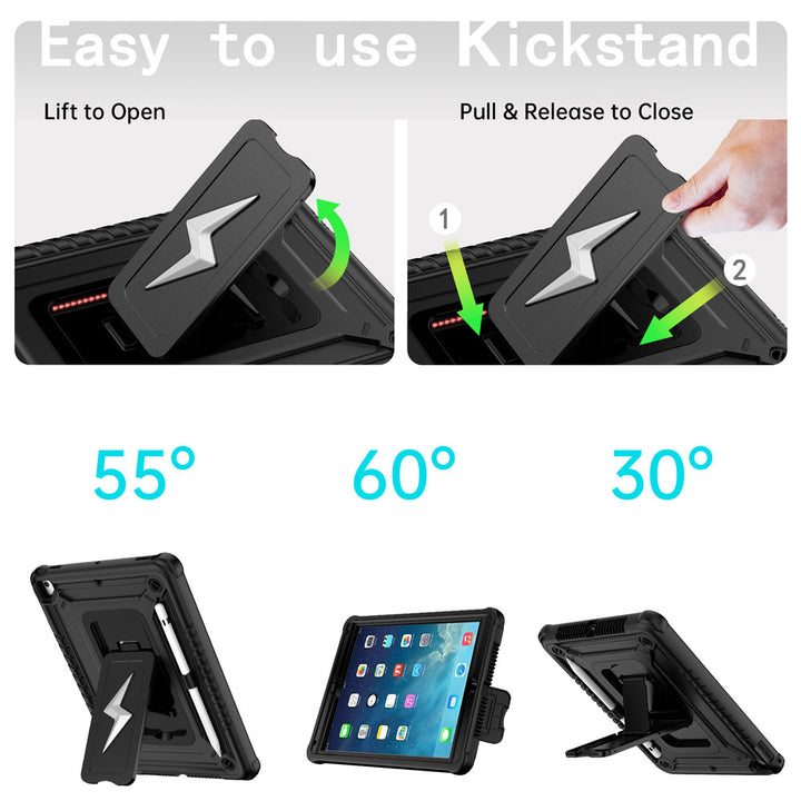 ARMOR-X iPad Air 1 shockproof case. Designed with a sturdy integrated kickstand for effortless hands-free viewing. Supports multiple viewing positions, including 55° portrait mode, 60° landscape mode, and a 30° low-angle position ideal for typing, drawing, or working comfortably.
