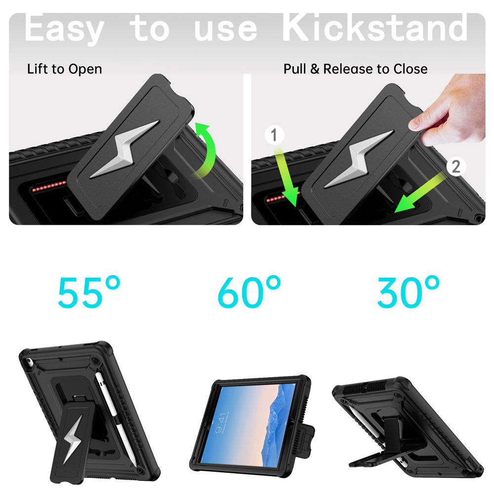 ARMOR-X iPad Air 2 shockproof case. Designed with a sturdy integrated kickstand for effortless hands-free viewing. Supports multiple viewing positions, including 55° portrait mode, 60° landscape mode, and a 30° low-angle position ideal for typing, drawing, or working comfortably.
