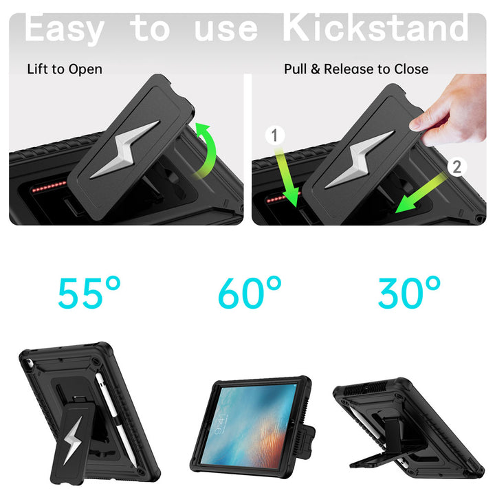 ARMOR-X iPad Pro 9.7 2016 shockproof case. Designed with a sturdy integrated kickstand for effortless hands-free viewing. Supports multiple viewing positions, including 55° portrait mode, 60° landscape mode, and a 30° low-angle position ideal for typing, drawing, or working comfortably.