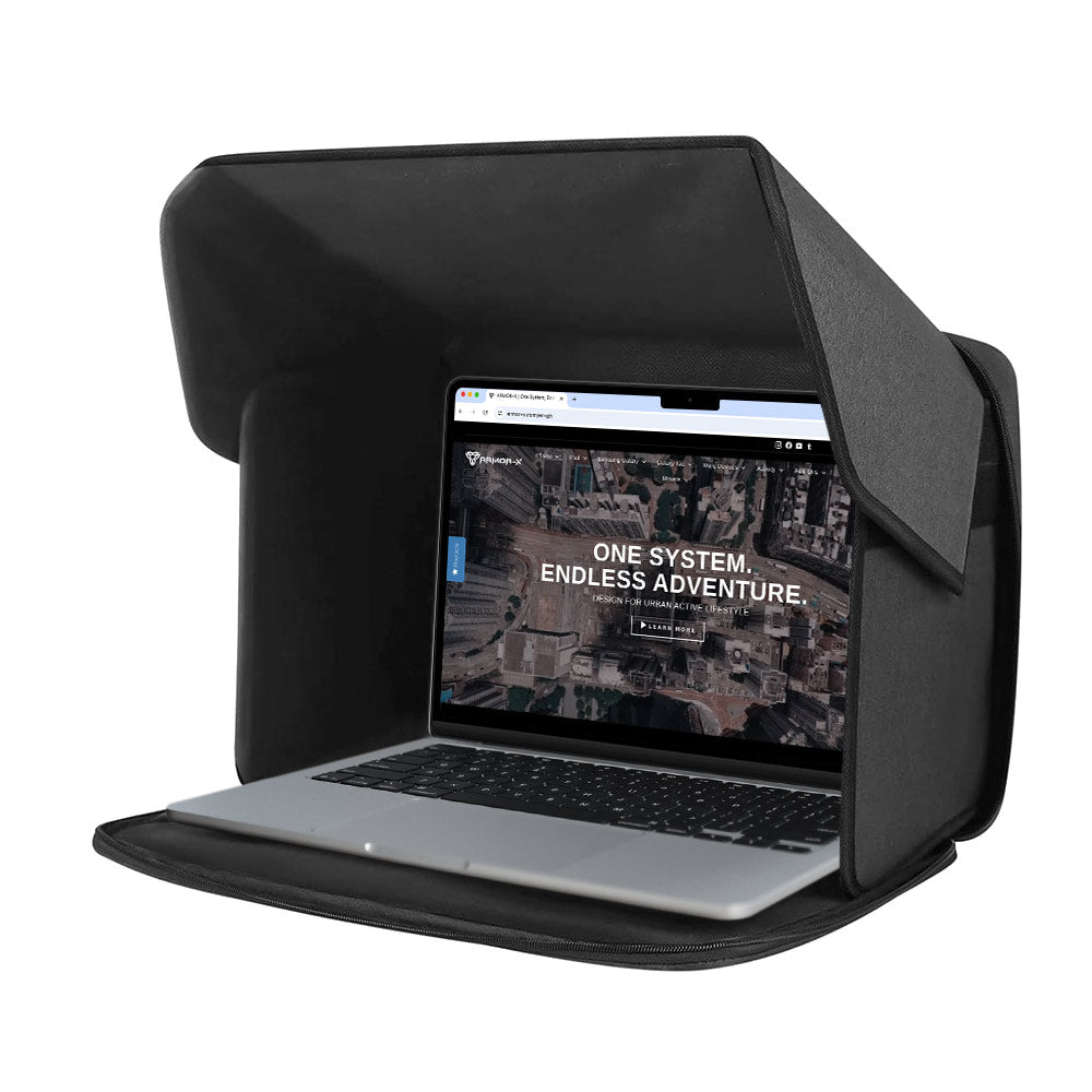 ARMOR-X Laptop Sun Shade Bag with Handle Strap. Stay productive outdoors with this collapsible laptop sun shade bag. Designed with a high-density polyester glare shield, it effectively blocks harsh sunlight to reduce screen glare, minimize eye strain, and help prevent your laptop from overheating.
