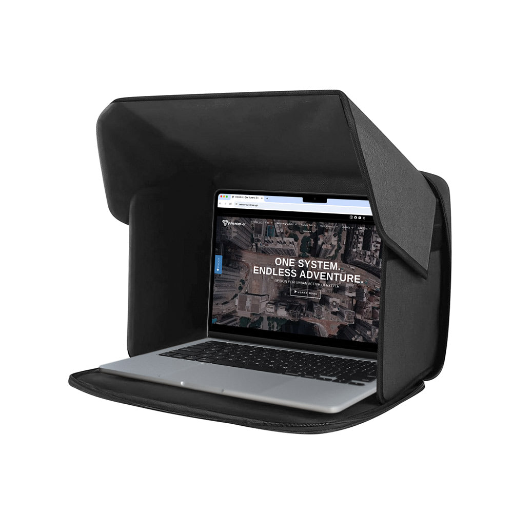ARMOR-X Laptop Sun Shade Bag with Handle Strap. Stay productive outdoors with this collapsible laptop sun shade bag. Designed with a high-density polyester glare shield, it effectively blocks harsh sunlight to reduce screen glare, minimize eye strain, and help prevent your laptop from overheating.