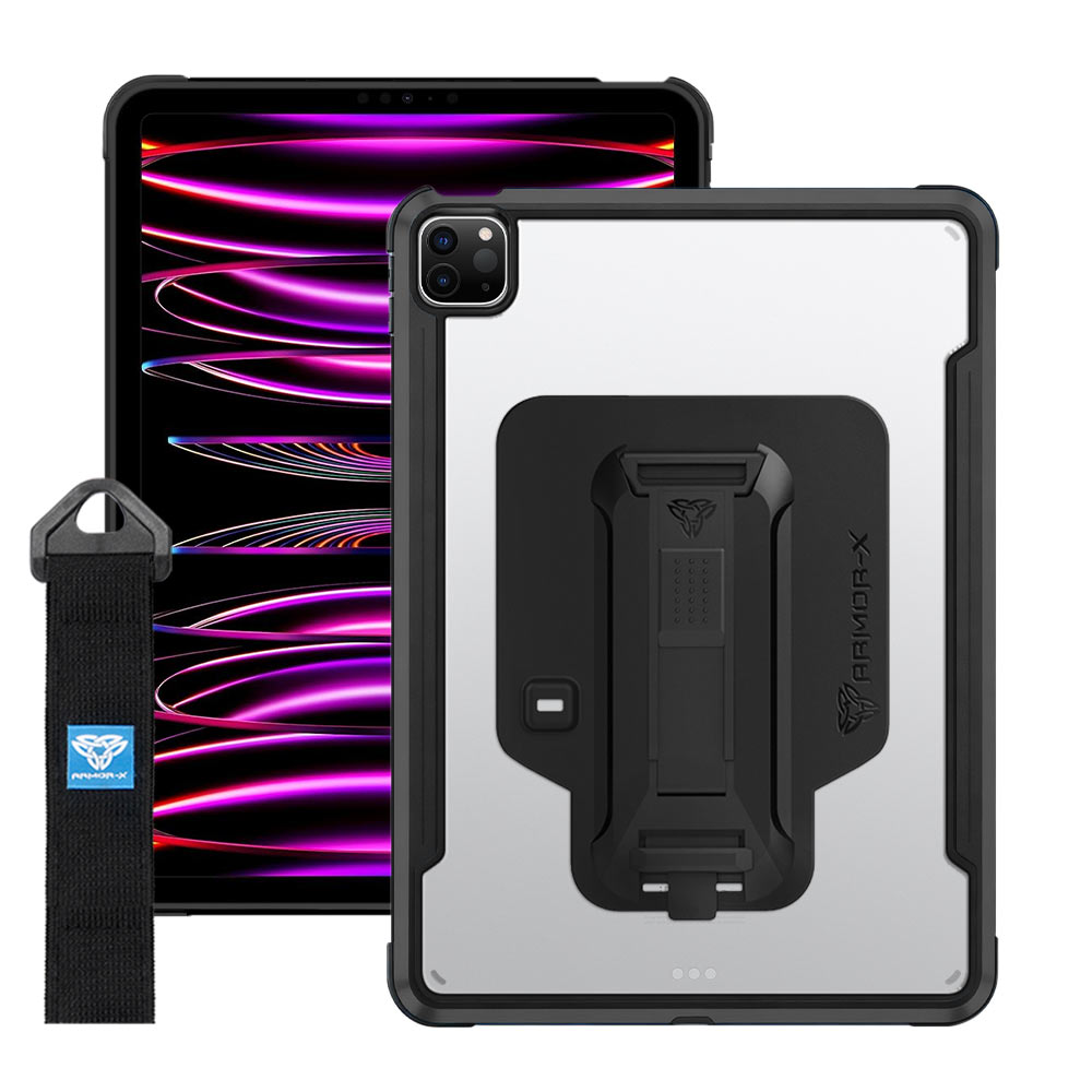 LXS-iPad-A4 | iPad Pro 11 (3rd / 4th Gen.) 2021 / 2022 | Metal Protective Shockproof case with hand strap kick-stand & X-Mount