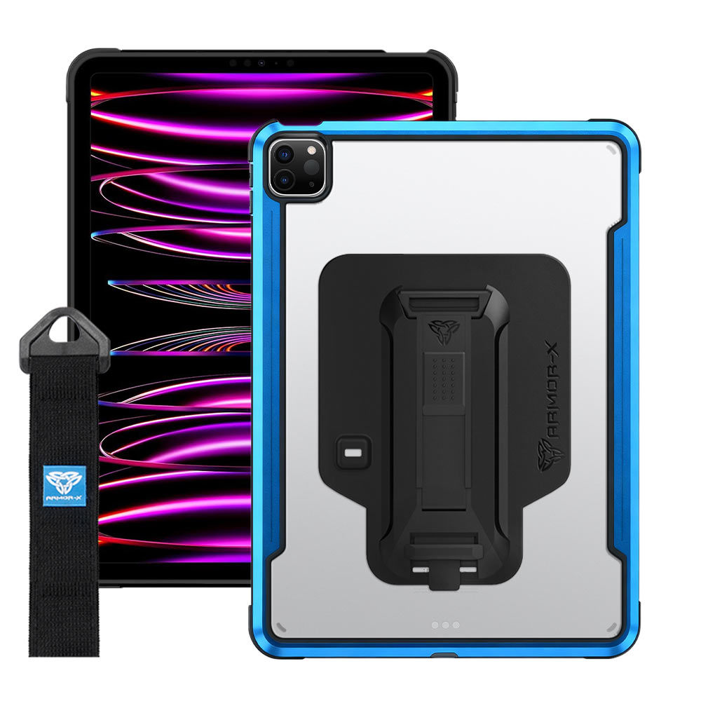 LXS-iPad-A4 | iPad Pro 11 (3rd / 4th Gen.) 2021 / 2022 | Metal Protective Shockproof case with hand strap kick-stand & X-Mount