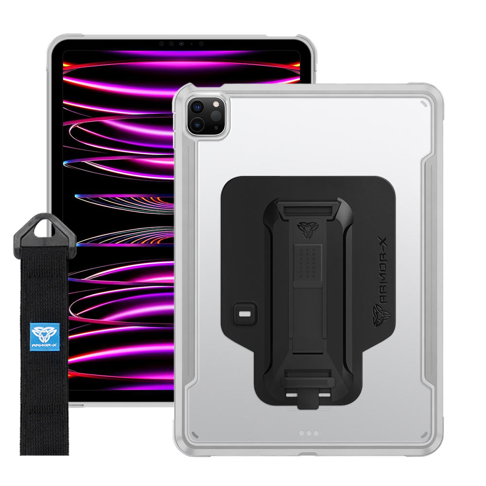 LXS-iPad-A4 | iPad Pro 11 (3rd / 4th Gen.) 2021 / 2022 | Metal Protective Shockproof case with hand strap kick-stand & X-Mount