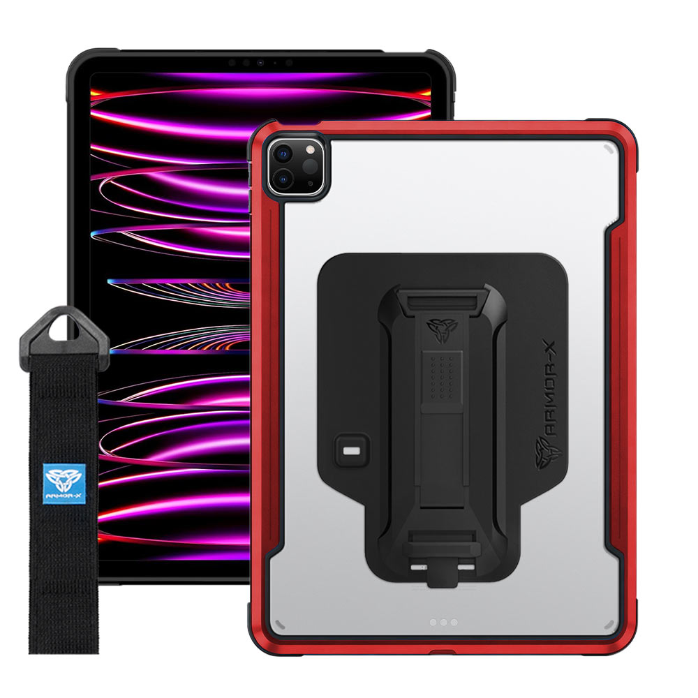 LXS-iPad-A4 | iPad Pro 11 (3rd / 4th Gen.) 2021 / 2022 | Metal Protective Shockproof case with hand strap kick-stand & X-Mount