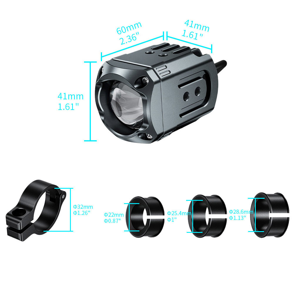 ARMOR-X Motorcycle Auxiliary Lights. Mounting to any bar or tube of motorcycle or electric moped with a diameter ranging from 18 to 32 mm (0.71" – 1.26").