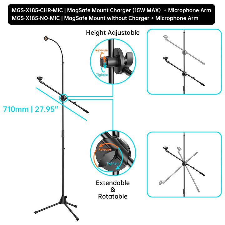 MGS-X185 | Tripod Floor Stand With Boom Microphone Arm | MagSafe / Pixelsnap 15W Fast Charger | Design for iPhone & Smartphone