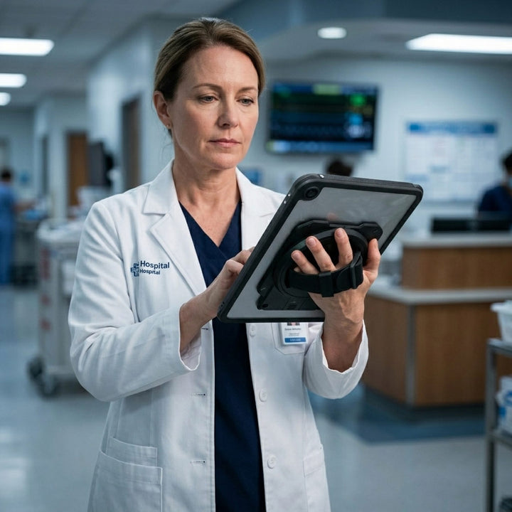 ARMOR-X case The 360-degree adjustable hand offers a secure grip to the device and helps prevent drop. Purpose-built for healthcare environments, delivering dependable protection against water, dust, impacts, and everyday contamination.