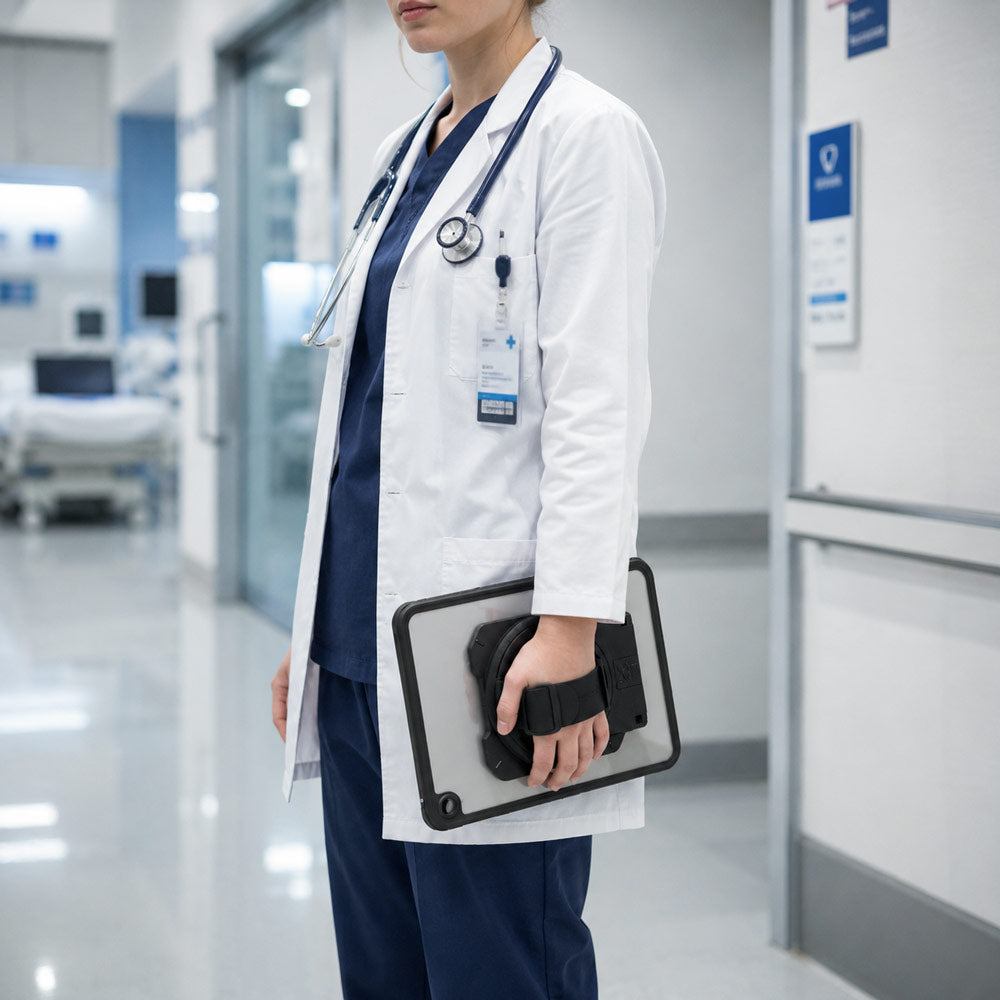 ARMOR-X case The 360-degree adjustable hand offers a secure grip to the device and helps prevent drop. Purpose-built for healthcare environments, delivering dependable protection against water, dust, impacts, and everyday contamination.