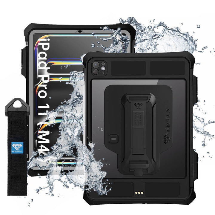 MXK-iPad-PR11 | iPad Pro 11 ( M4 ) | IP68 Waterproof Case W/ Pencil Holder, Hand Strap, Kickstand & X-mount Supports Apple Pencil Pro Wireless Charging