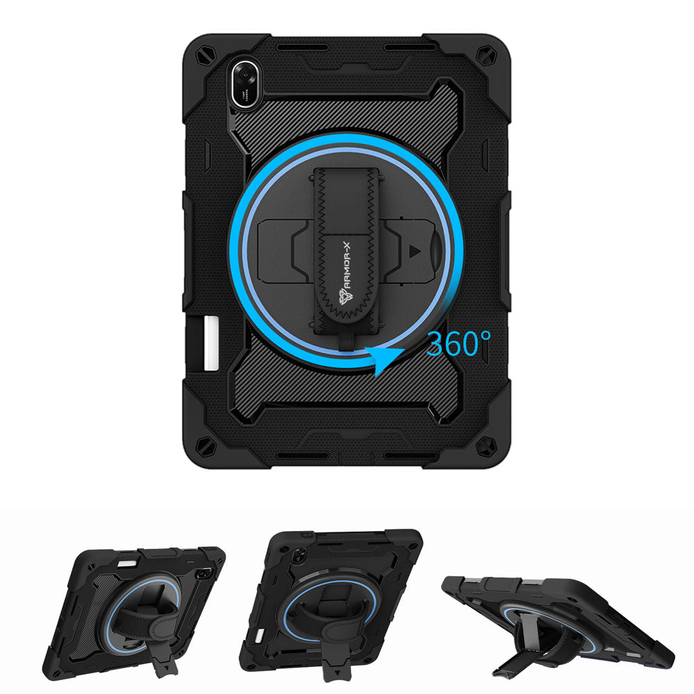 ARMOR-X Huawei MatePad 11.5 (2025) TXZ-W09 shockproof case, impact protection cover with hand strap and kick stand, with 360 degree rotation hand strap design. Hand free typing, drawing, video watching.