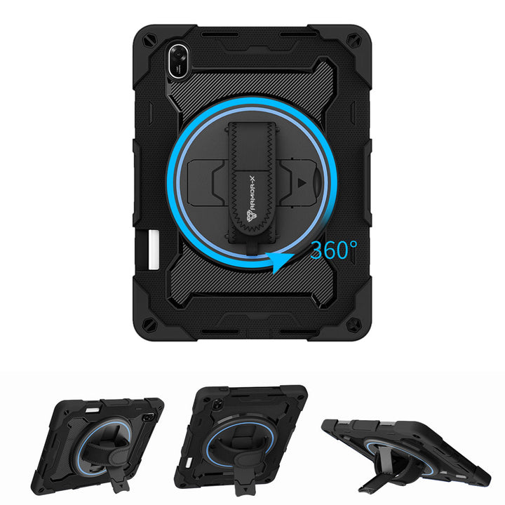 ARMOR-X Huawei MatePad 11.5 (2025) TXZ-W09 shockproof case, impact protection cover with hand strap and kick stand, with 360 degree rotation hand strap design. Hand free typing, drawing, video watching.