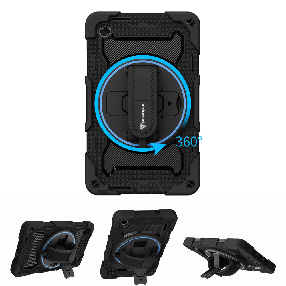 ARMOR-X Lenovo Tab K9 / Lenovo Tab One TB305 shockproof case, impact protection cover with hand strap and kick stand, with 360 degree rotation hand strap design. Hand free typing, drawing, video watching.