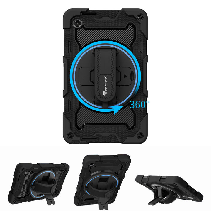 ARMOR-X Lenovo Tab K9 / Lenovo Tab One TB305 shockproof case, impact protection cover with hand strap and kick stand, with 360 degree rotation hand strap design. Hand free typing, drawing, video watching.