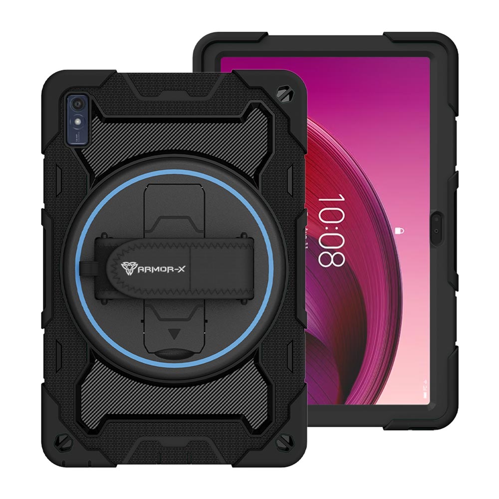 ARMOR-X Lenovo Tab M10 5G TB360 shockproof case, impact protection cover with hand strap and kick stand. One-handed design for your workplace.
