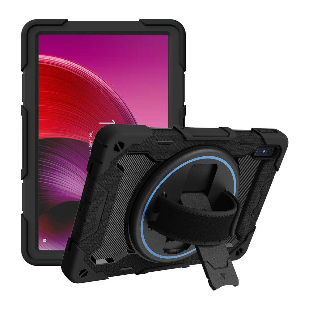 ARMOR-X Lenovo Tab M10 5G TB360 shockproof case, impact protection cover with hand strap and kick stand. One-handed design for your workplace.
