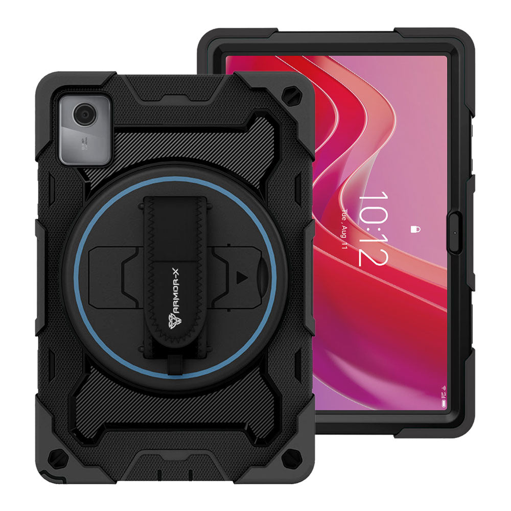 ARMOR-X Lenovo Tab M11 / K11 TB330 shockproof case, impact protection cover with hand strap and kick stand. One-handed design for your workplace.