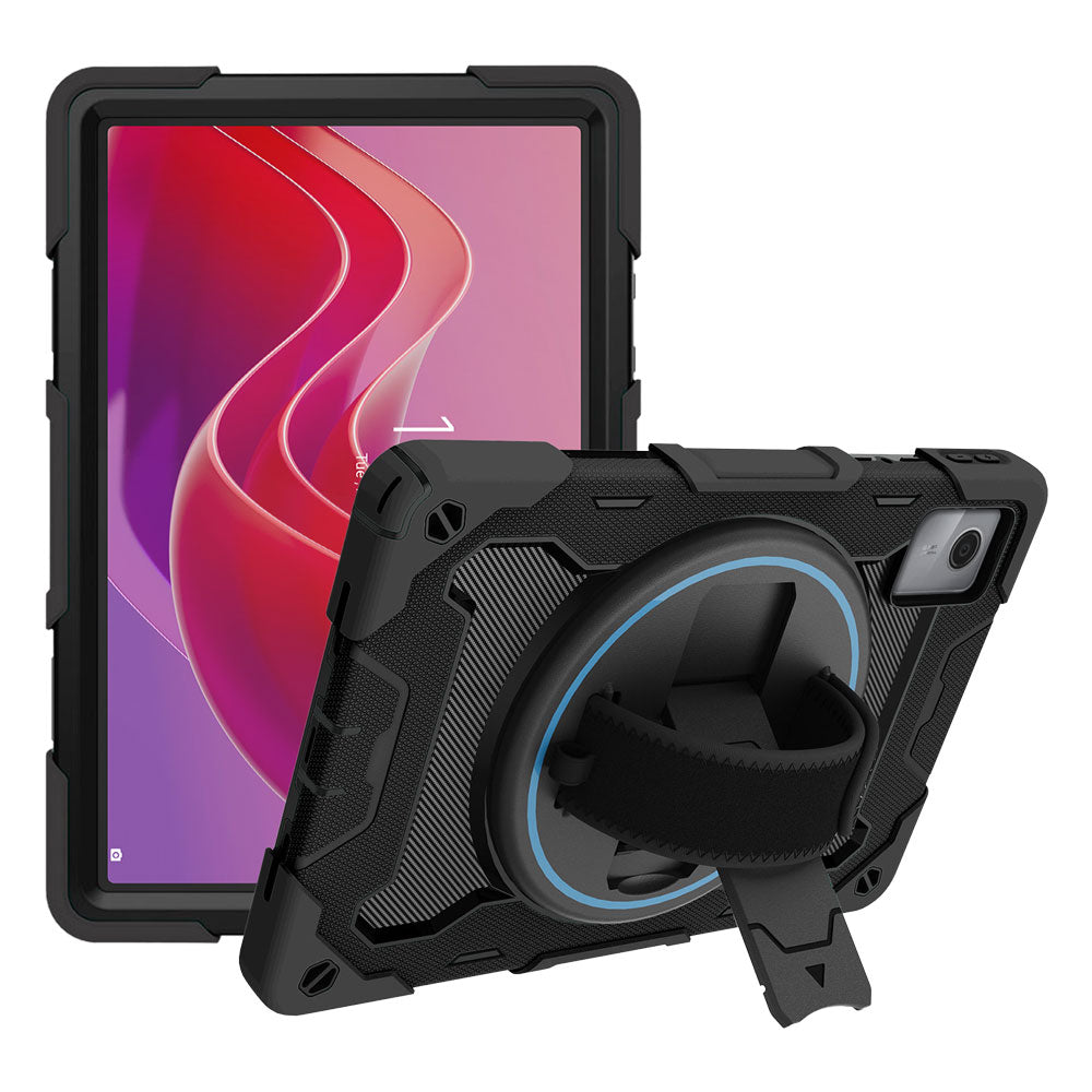 ARMOR-X Lenovo Tab M11 / K11 TB330 shockproof case, impact protection cover with hand strap and kick stand. One-handed design for your workplace.