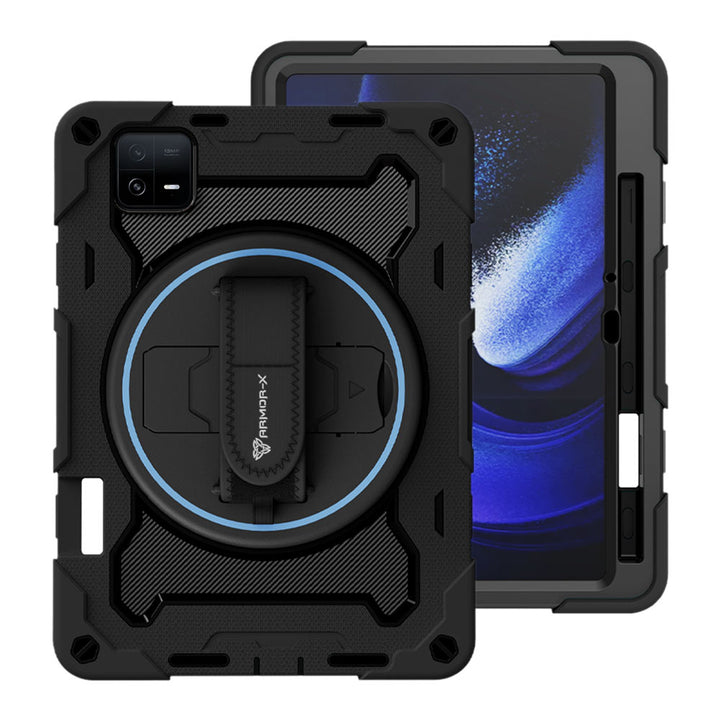 ARMOR-X Xiaomi Pad 6 / 6 Pro shockproof case, impact protection cover with hand strap and kick stand. One-handed design for your workplace.