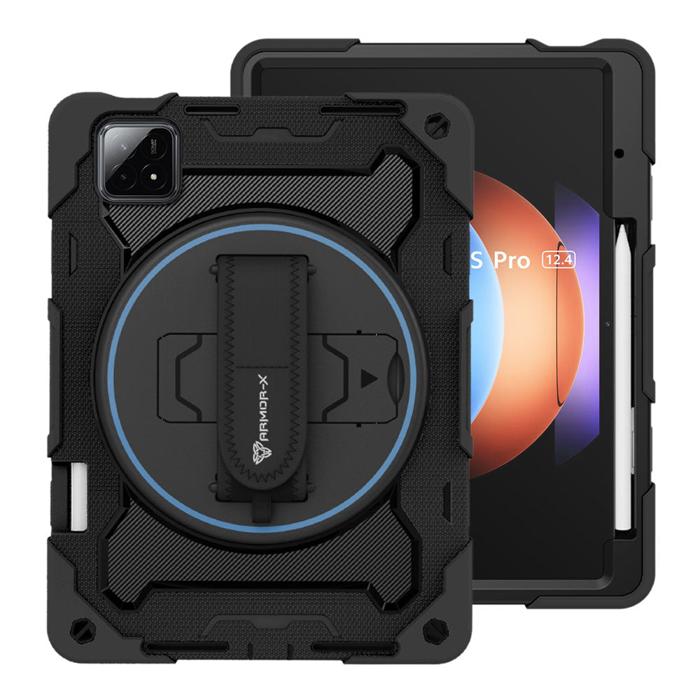 ARMOR-X Xiaomi Pad 6S Pro 12.4 shockproof case, impact protection cover with hand strap and kick stand. One-handed design for your workplace.