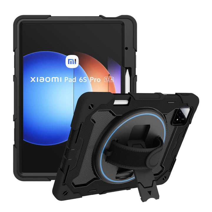 ARMOR-X Xiaomi Pad 6S Pro 12.4 shockproof case, impact protection cover with hand strap and kick stand. One-handed design for your workplace.