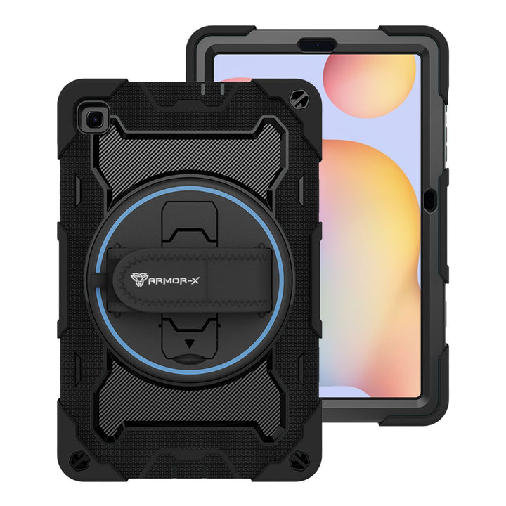 ARMOR-X Samsung Galaxy Tab S6 Lite SM-P620 P625 (2024) / SM-P613 P619 (2022) / SM-P610 P615 (2020) shockproof case, impact protection cover with hand strap and kick stand. One-handed design for your workplace.