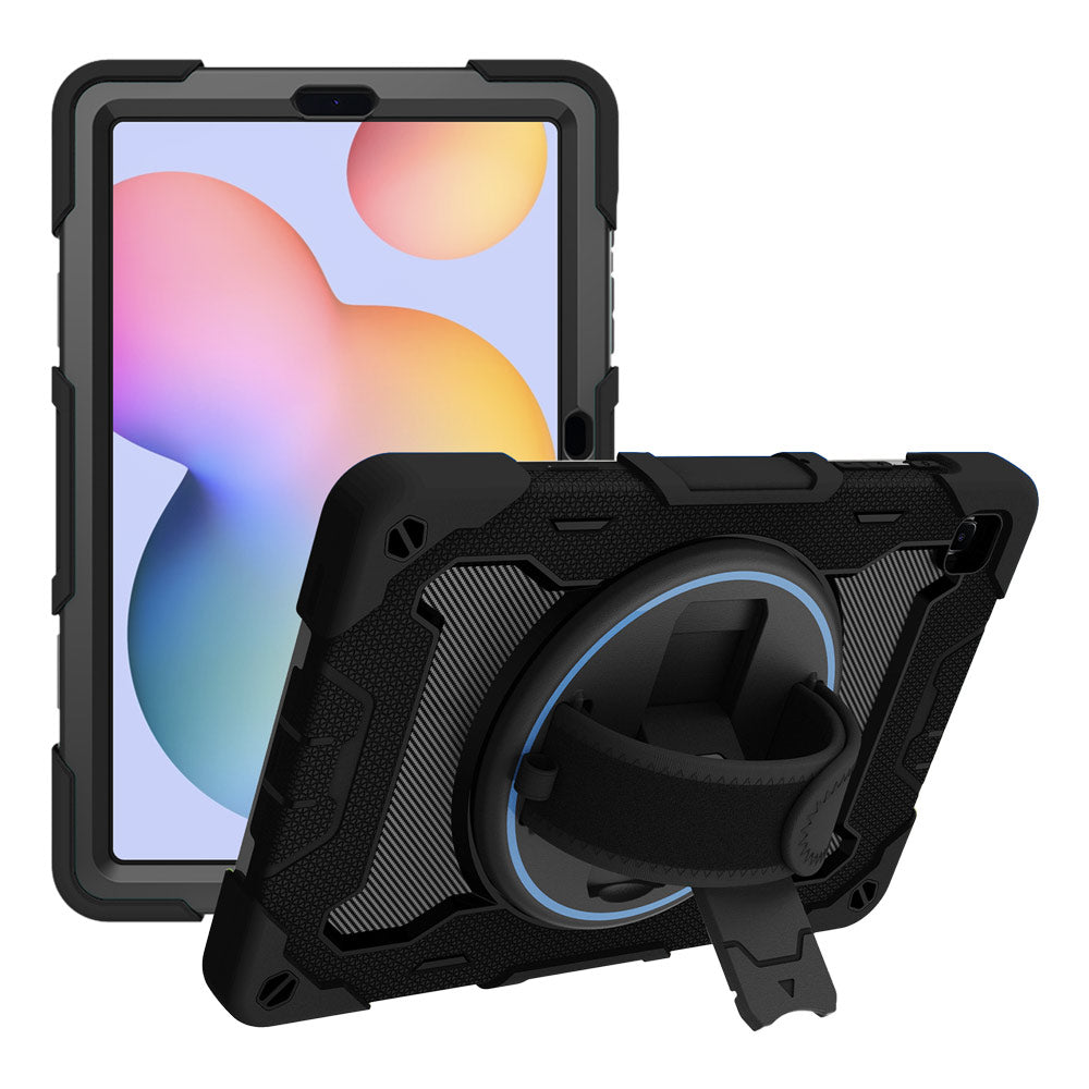 ARMOR-X Samsung Galaxy Tab S6 Lite SM-P620 P625 (2024) / SM-P613 P619 (2022) / SM-P610 P615 (2020) shockproof case, impact protection cover with hand strap and kick stand. One-handed design for your workplace.