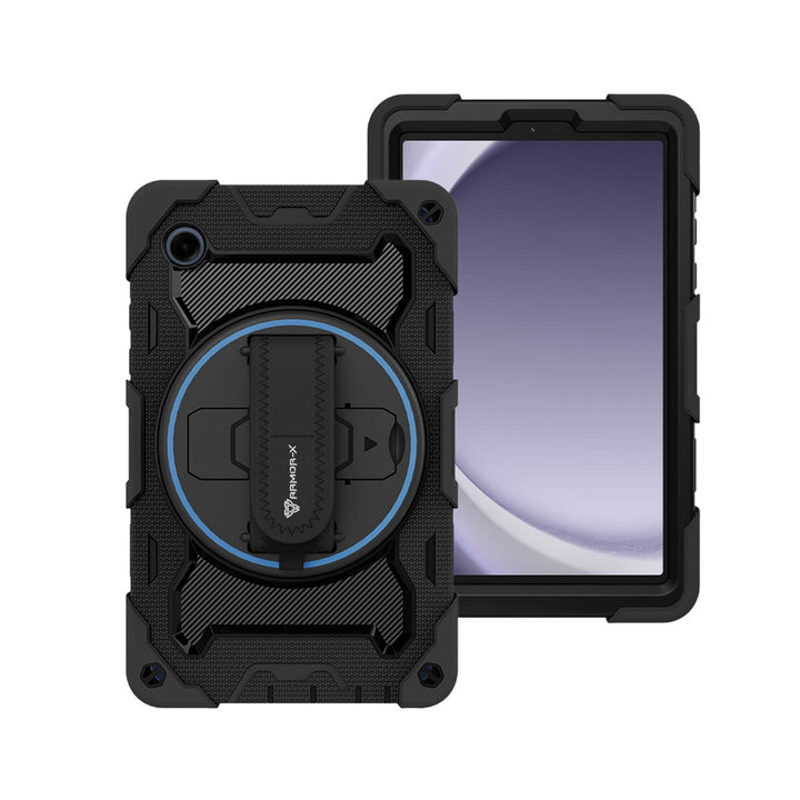 ARMOR-X Samsung Galaxy Tab A9 SM-X110 / SM-X115 shockproof case, impact protection cover with hand strap and kick stand. One-handed design for your workplace.