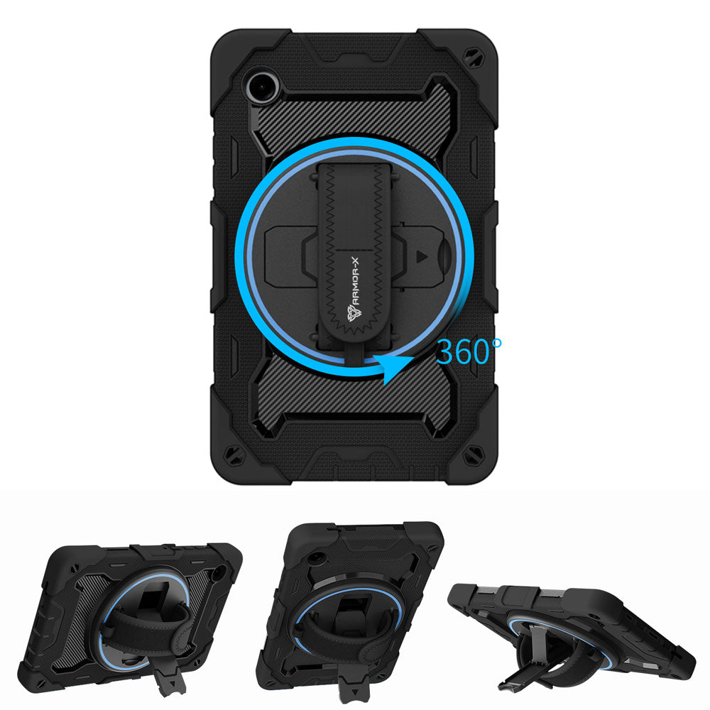 ARMOR-X Samsung Galaxy Tab A11 ( 8.7" ) SM-X130 / SM-X133 / SM-X135 shockproof case, impact protection cover with hand strap and kick stand, with 360 degree rotation hand strap design. Hand free typing, drawing, video watching.