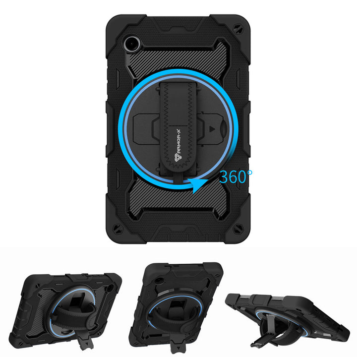 ARMOR-X Samsung Galaxy Tab A11 ( 8.7" ) SM-X130 / SM-X133 / SM-X135 shockproof case, impact protection cover with hand strap and kick stand, with 360 degree rotation hand strap design. Hand free typing, drawing, video watching.