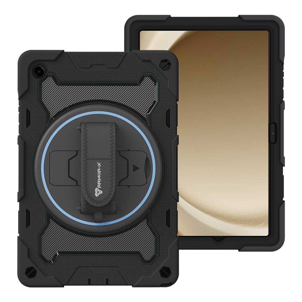 ARMOR-X Samsung Galaxy Tab A9+ A9 Plus SM-X210 / SM-X215 / SM-X216 shockproof case, impact protection cover with hand strap and kick stand. One-handed design for your workplace.